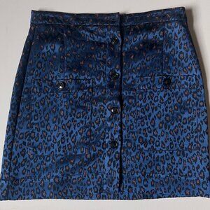 Banana Republic Skirt 10 Blue Animal Print Satin Button Front Leopard
